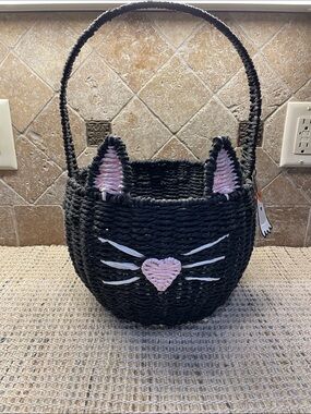 Black Cat Woven Basket with Pink Accents